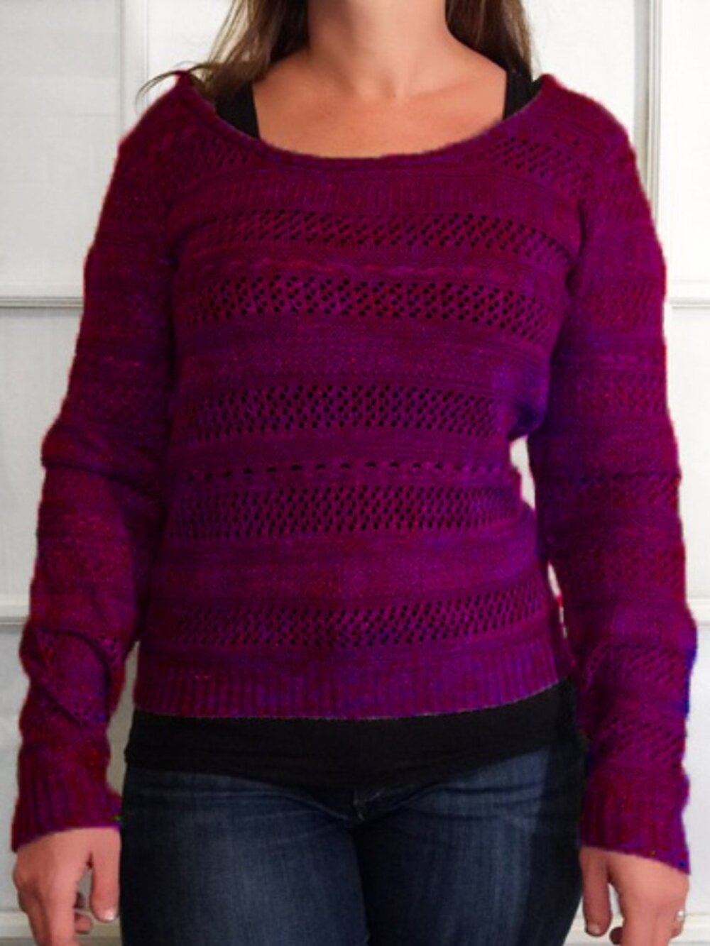 NWT Metaphor Crochet Style Striped Knit Sweater XL Purple Scoop Neck Pullover